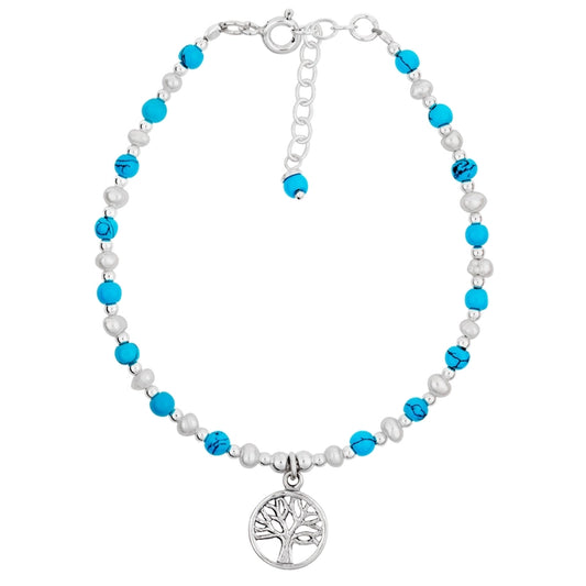 Sterling Silver, Turquoise & Pearl Tree of Life Bead Bracelet