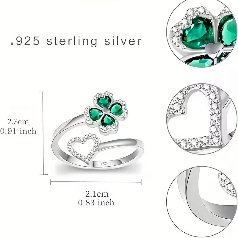 Sterling Silver 4 Leaf Clover & Heart Cubic Zirconia Ring Adjustable P-U