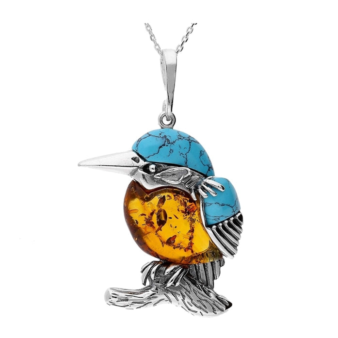 Sterling Silver Amber & Turquoise Kingfisher Pendant and Chain