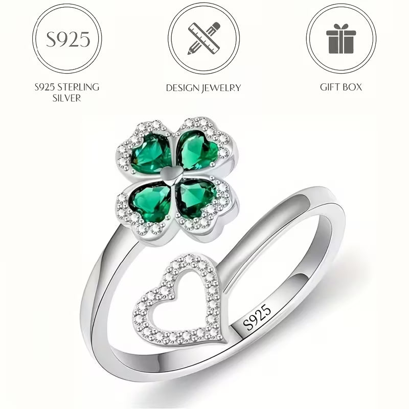 Sterling Silver 4 Leaf Clover & Heart Cubic Zirconia Ring Adjustable P-U