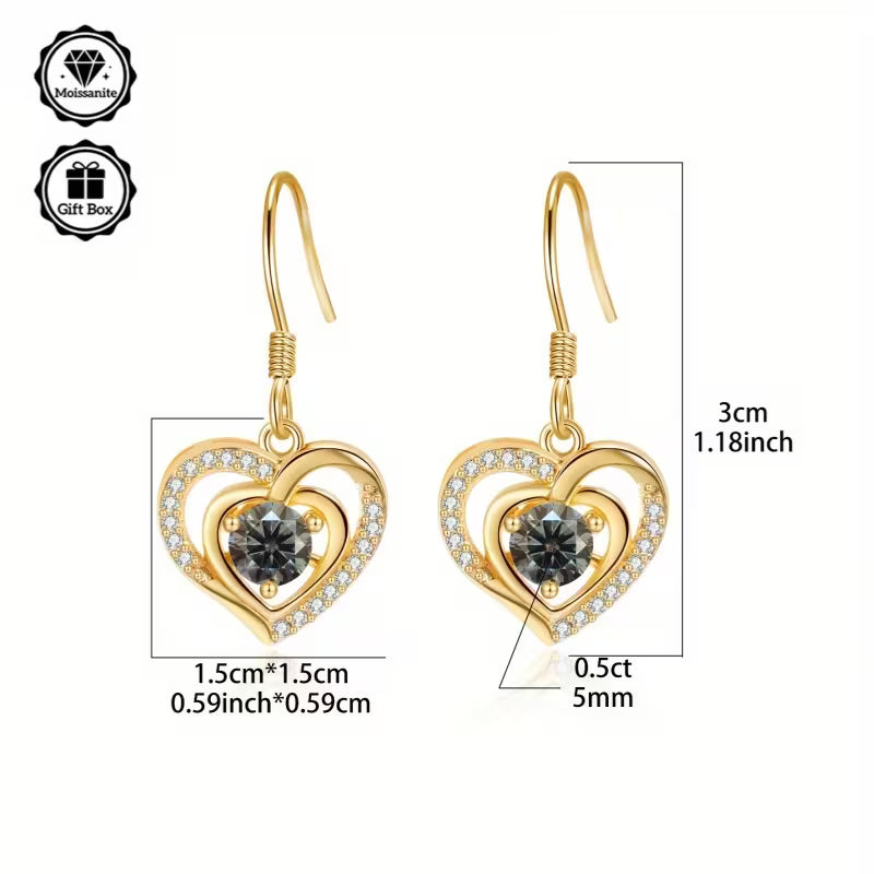 Gold Plated Sterling Silver 0.5ct Grey Moissanite Heart Drop Earrings