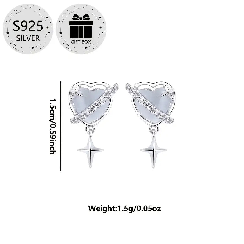 Sterling Silver Heart Star Cubic Zirconia Stud Earrings