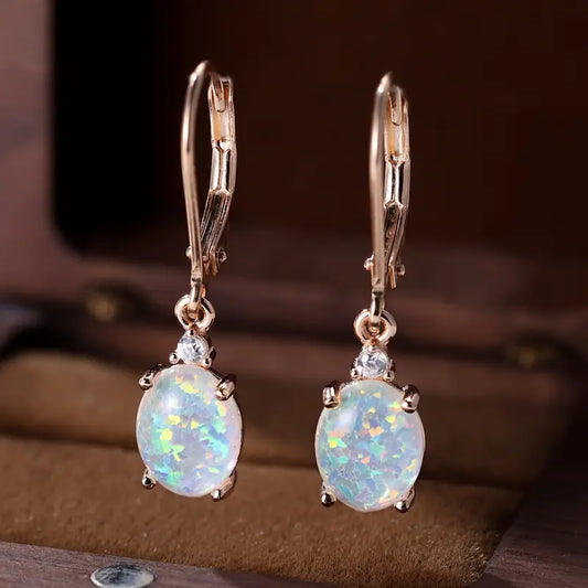 Sterling Silver Rose Gold Plated Oval Opal Drop Earrings