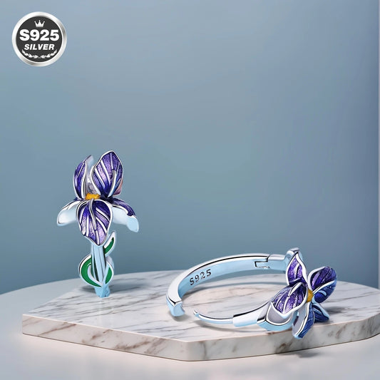 Sterling Silver Iris Flower Hoop Earrings