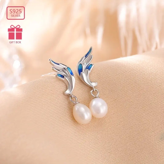Sterling Silver Angel Wings Stud Drop Earrings with Freshwater Pearls