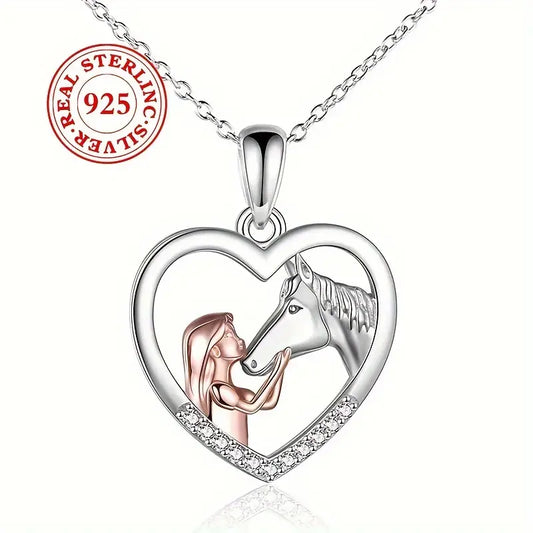 Sterling Silver 2 Tone Hugging Horse & Child Cubic Zirconia Heart Pendant & Chain