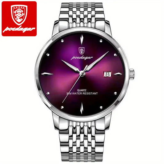 Poedagar Men's Stainless Steel Purple Dial Quartz Luminous Date Wrist Watch