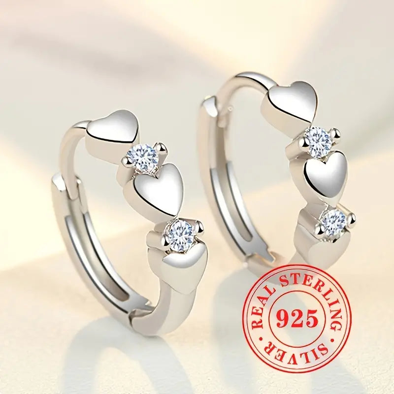 Sterling Silver Triple Heart Cubic Zirconia Hoop Earrings