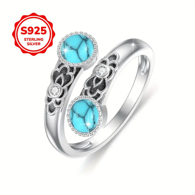 Sterling Silver Round Turquoise Patterned Ring (Small) Adjustable size P-T