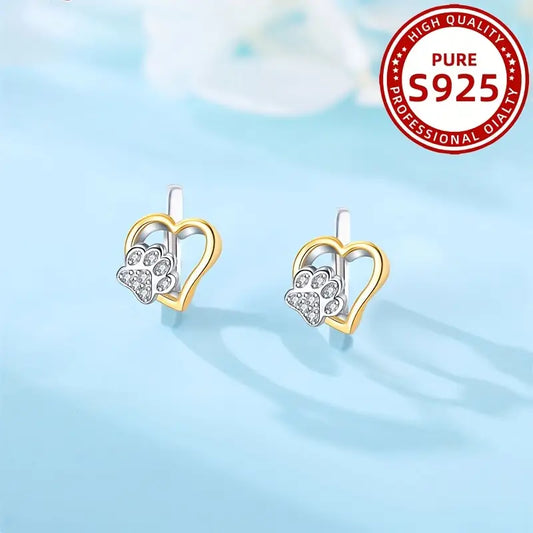 Sterling Silver Heart Paw CZ Small Hoop Earrings