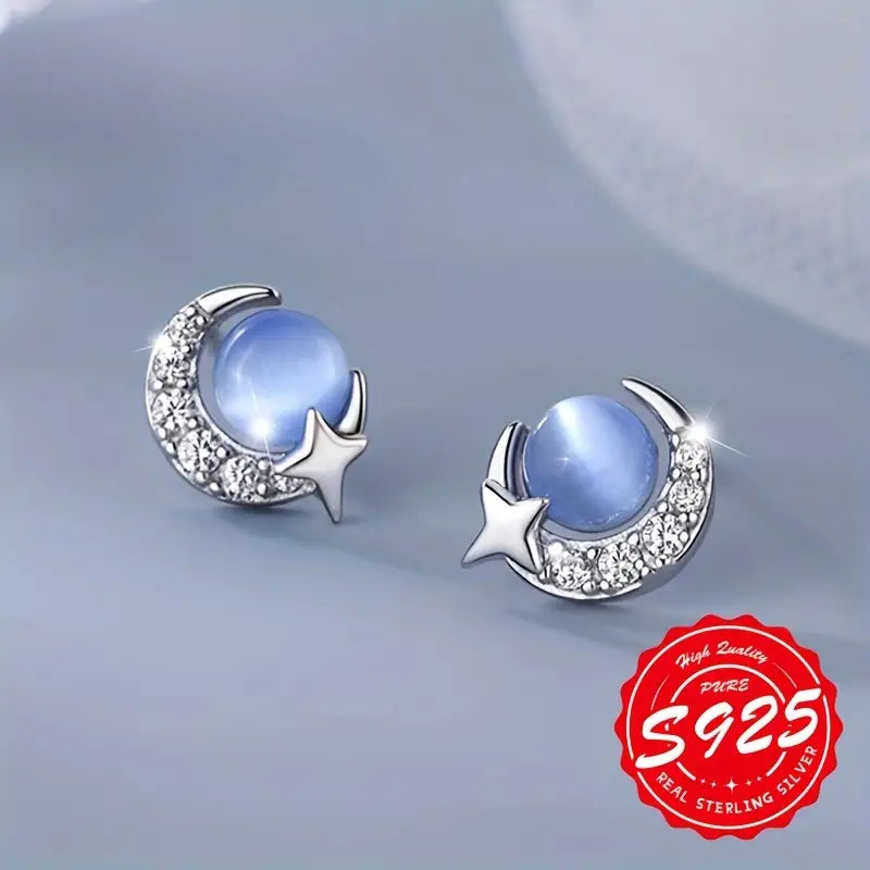 Sterling Silver Moon & Star Blue Cubic Zirconia Stud Earrings