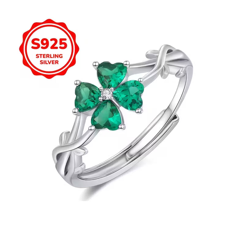 Sterling Silver 4 Leaf Clover Green CZ Ring (Adjustable)