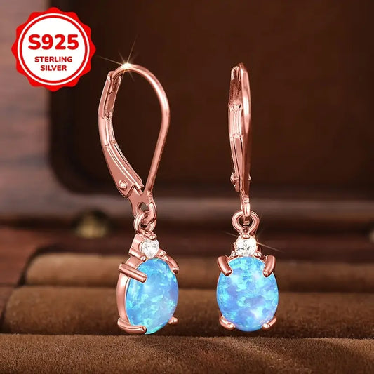 Sterling Silver Rose Gold Plated Oval Blue Opal Drop Earrings