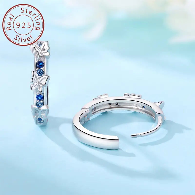 Sterling Silver Butterfly Blue Cubic Zirconia Hoop Earrings