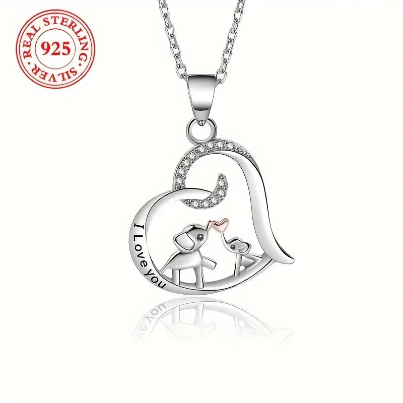 Sterling Silver Elephants 'I Love You' Cubic Zirconia Heart Pendant & Chain