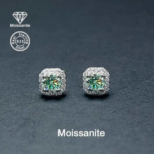 Sterling Silver 1ct Blue/Green Square Moissanite Stud Earrings