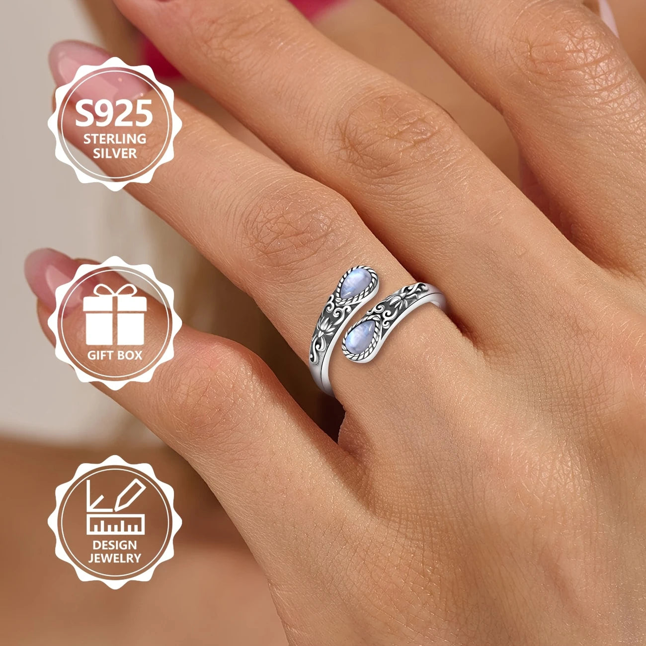 Sterling Silver Teardrop Moonstone Flower Pattern Ring (Adjustable N-S)