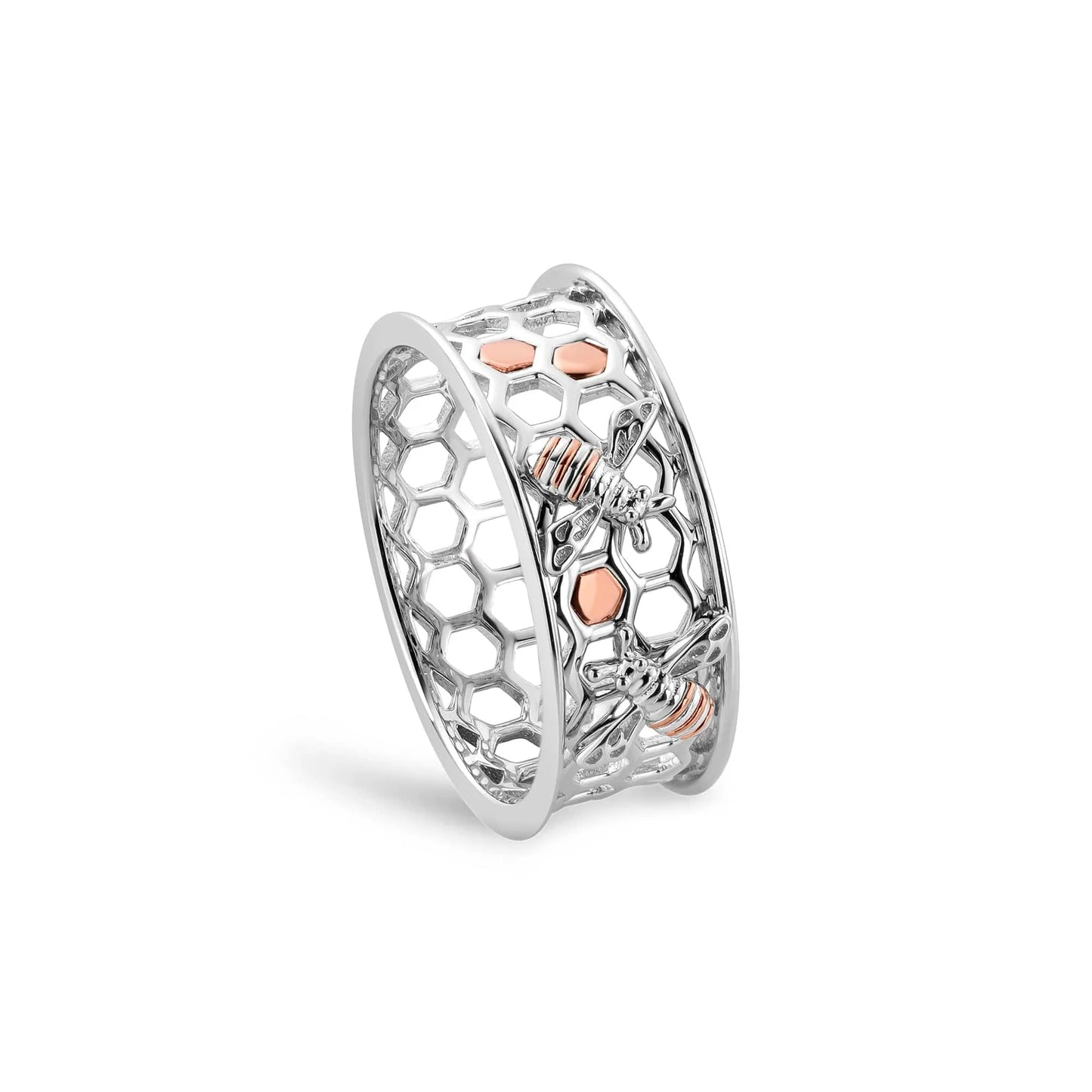 Clogau Sterling Silver & 9ct Rose Gold Honey Bee Honeycomb Ring size N, O or P
