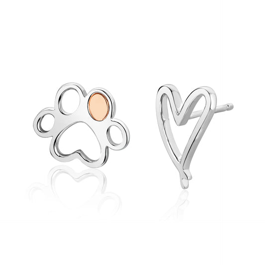 Clogau Sterling Silver & 9ct Rose Gold Pawprints on my Heart Stud Earrings