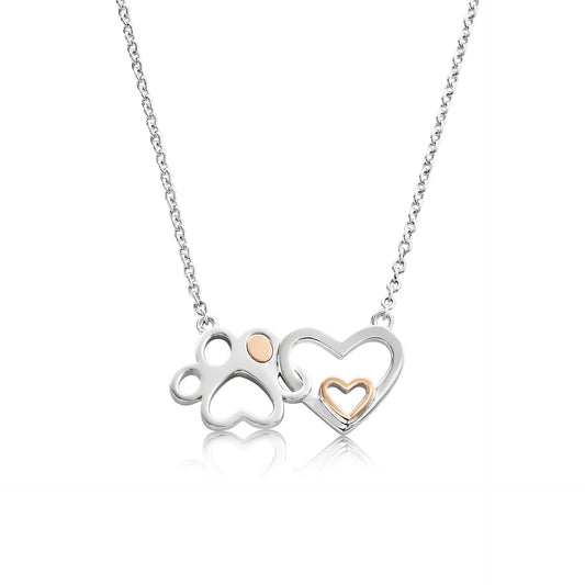 Clogau Sterling Silver & 9ct Rose Gold Pawprints on my Heart Necklace