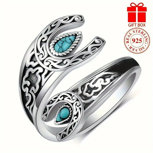 Sterling Silver Adjustable Teardrop Turquoise Moon & Flower Ring