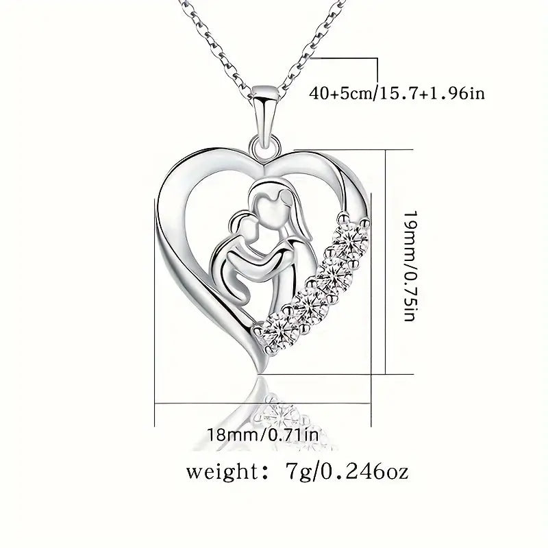 Sterling Silver Mother & Child Cubic Zirconia Heart Pendant & Chain