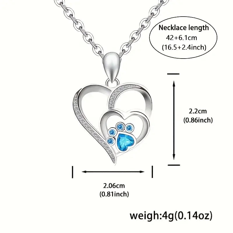 Sterling Silver Pawprints Heart Blue Cubic Zirconia Pendant & Chain