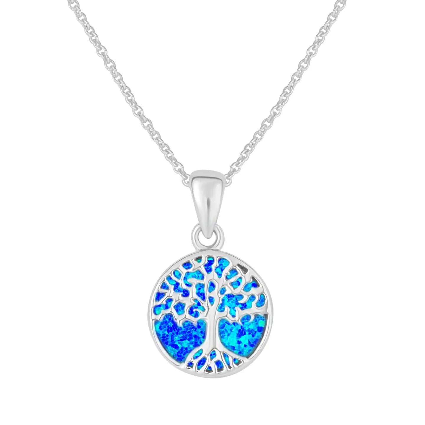 Sterling Silver Blue Opal Tree of Life Circle Pendant & Chain
