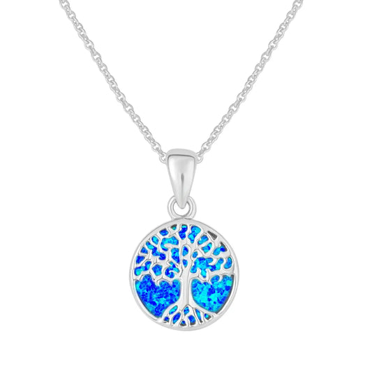 Sterling Silver Blue Opal Tree of Life Circle Pendant & Chain