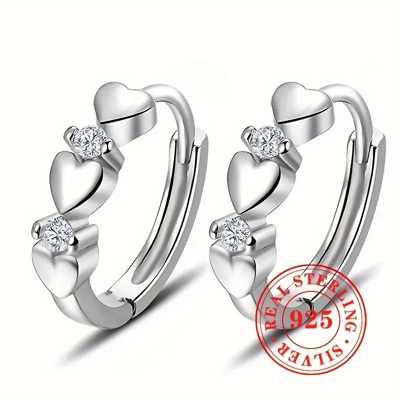 Sterling Silver Triple Heart Cubic Zirconia Hoop Earrings