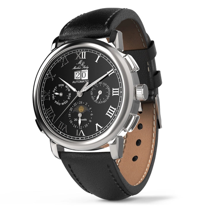 Markus Ruby Moonphase Automatic Men's Wrist Watch (Black Leather Strap)