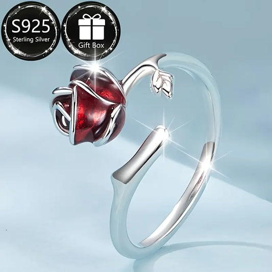 Sterling Silver Red Rose Ring Adjustable K-O
