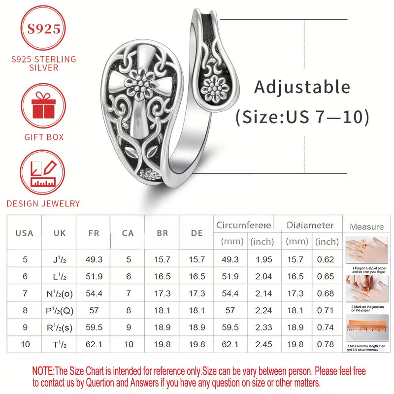 Sterling Silver Cross Patterned Spoon Ring Adjustable N-T