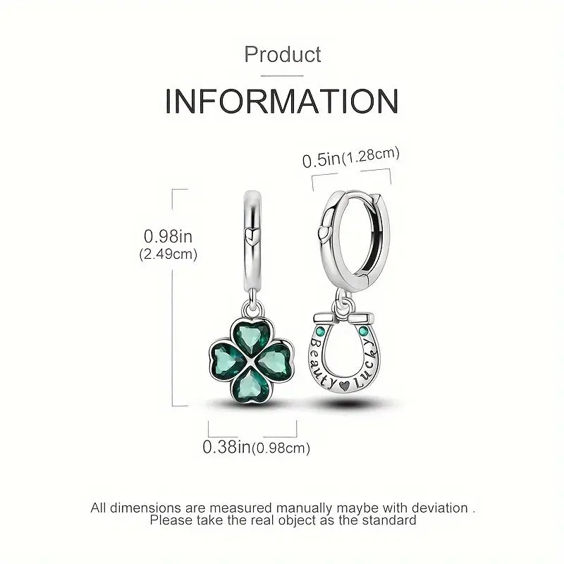 Sterling Silver Lucky Horseshoe & Four Leaf Clover Cubic Zirconia Drop Earrings