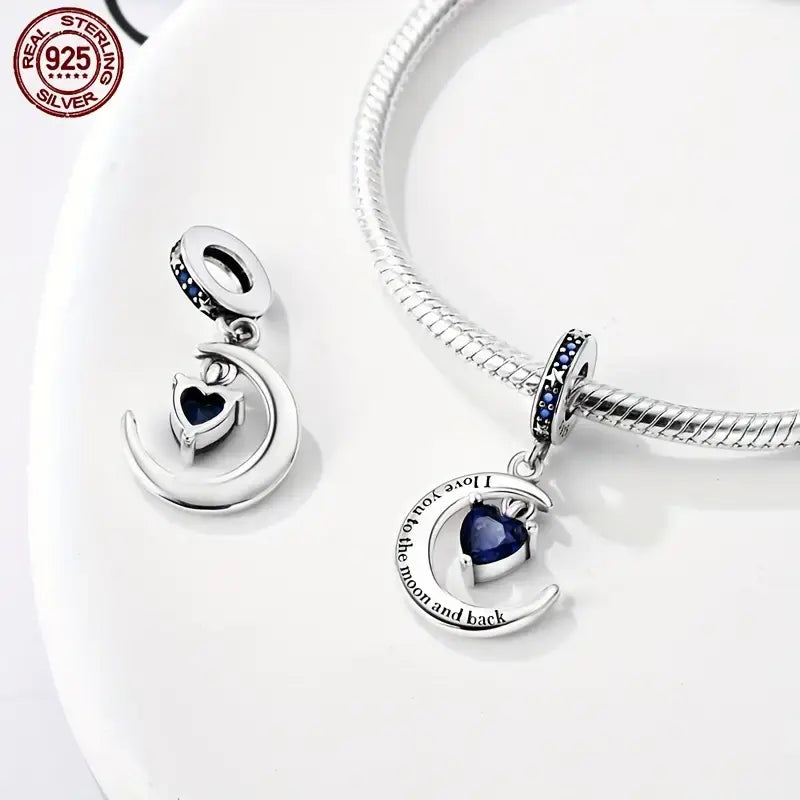 Sterling Silver Crescent Moon & Blue Cubic Zirconia Heart Bead Charm