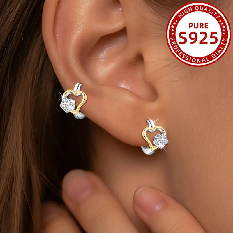 Sterling Silver Heart Paw CZ Small Hoop Earrings