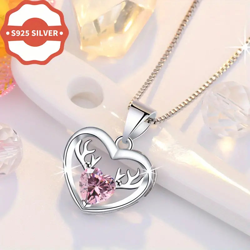 Sterling Silver Antler Heart Pink Cubic Zirconia Pendant & Chain