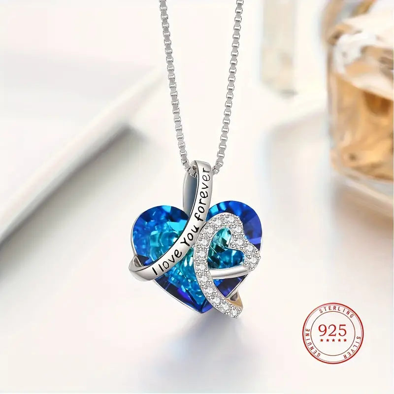 Sterling Silver 'I Love You Forever' Blue Crystal Heart Pendant & Chain