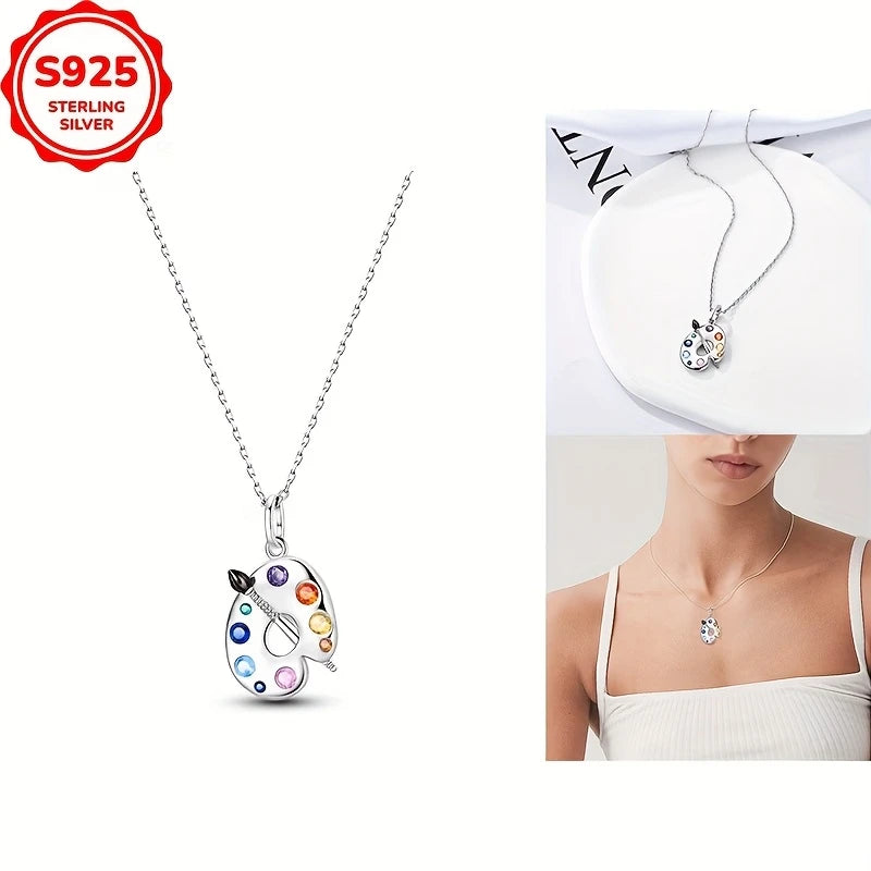 Sterling Silver Paintbrush & Palette Cubic Zirconia Pendant & Chain