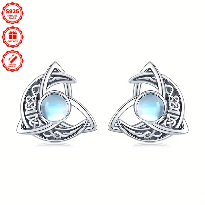 Sterling Silver Large Celtic Knot Crescent Moon Moonstone Stud Earrings