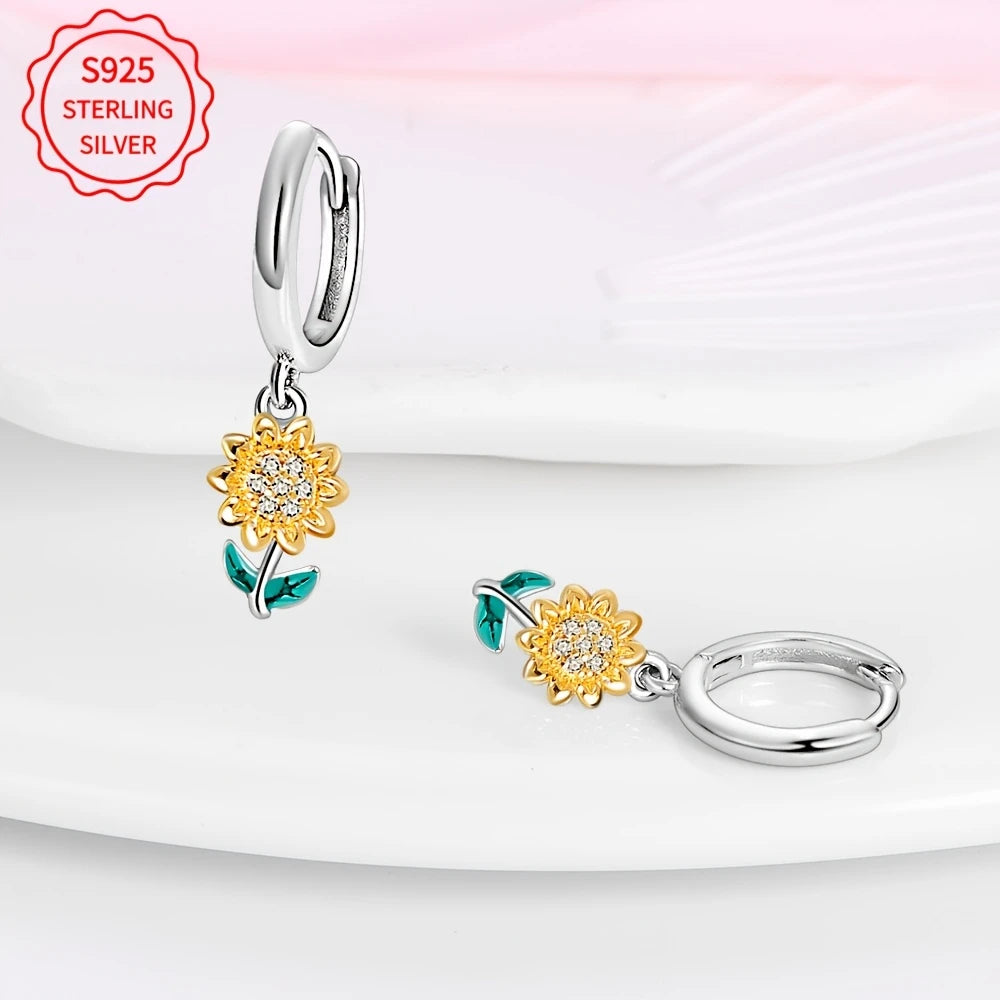 Sterling Silver Sunflower Hoop Drop Earrings