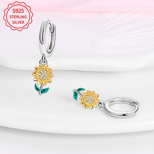 Sterling Silver Sunflower Hoop Drop Earrings