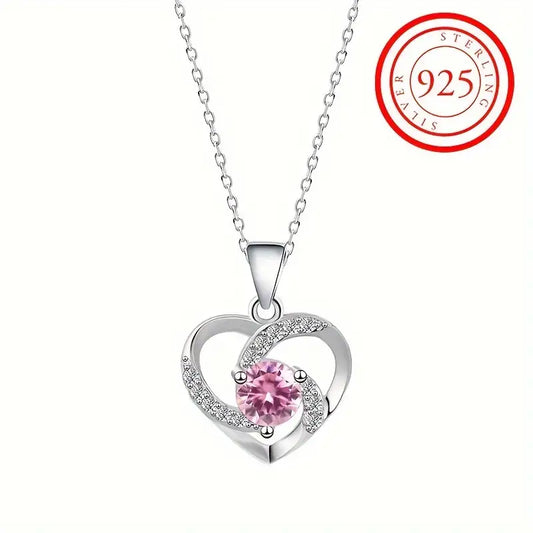 Sterling Silver Pink Cubic Zirconia Heart Pendant & Chain