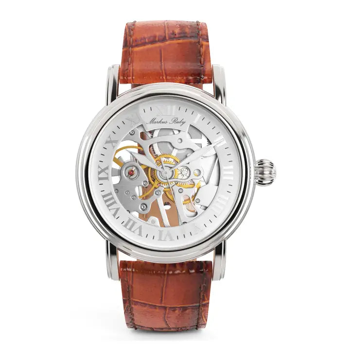 Markus Ruby Mechanical Men's Skeleton Wrist Watch (Brown Leather Strap)