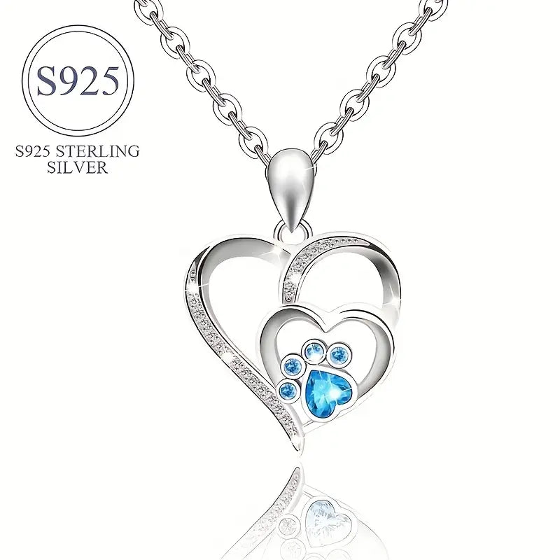 Sterling Silver Pawprints Heart Blue Cubic Zirconia Pendant & Chain