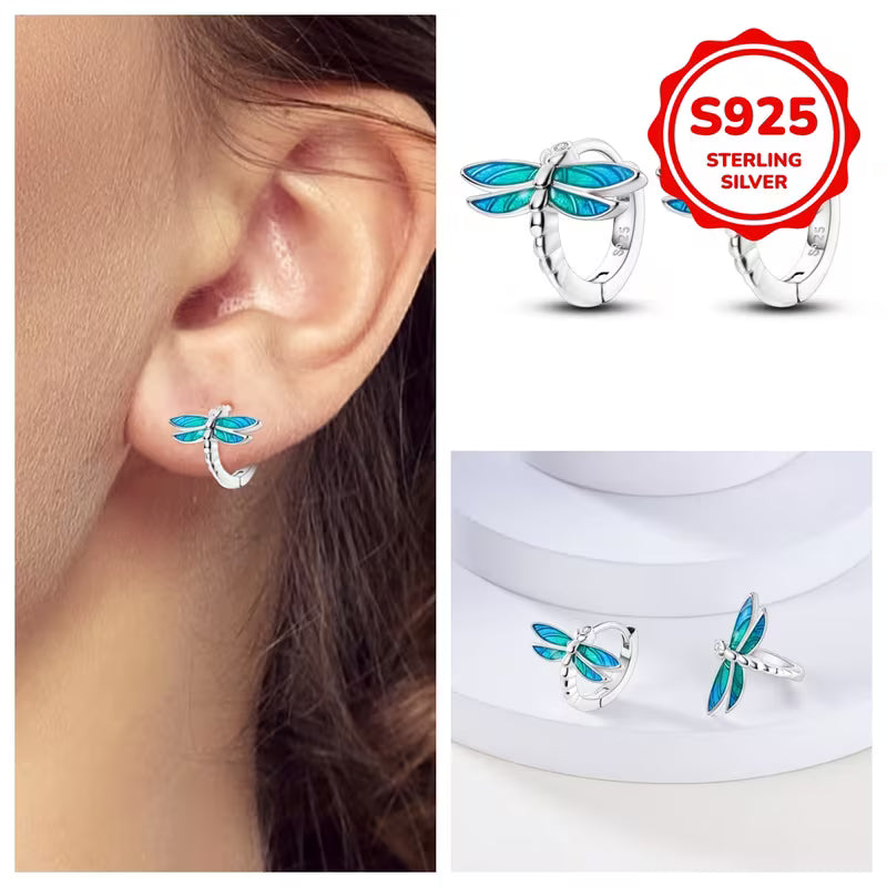 Sterling Silver Dragonfly Enamel Small Hoop Earrings