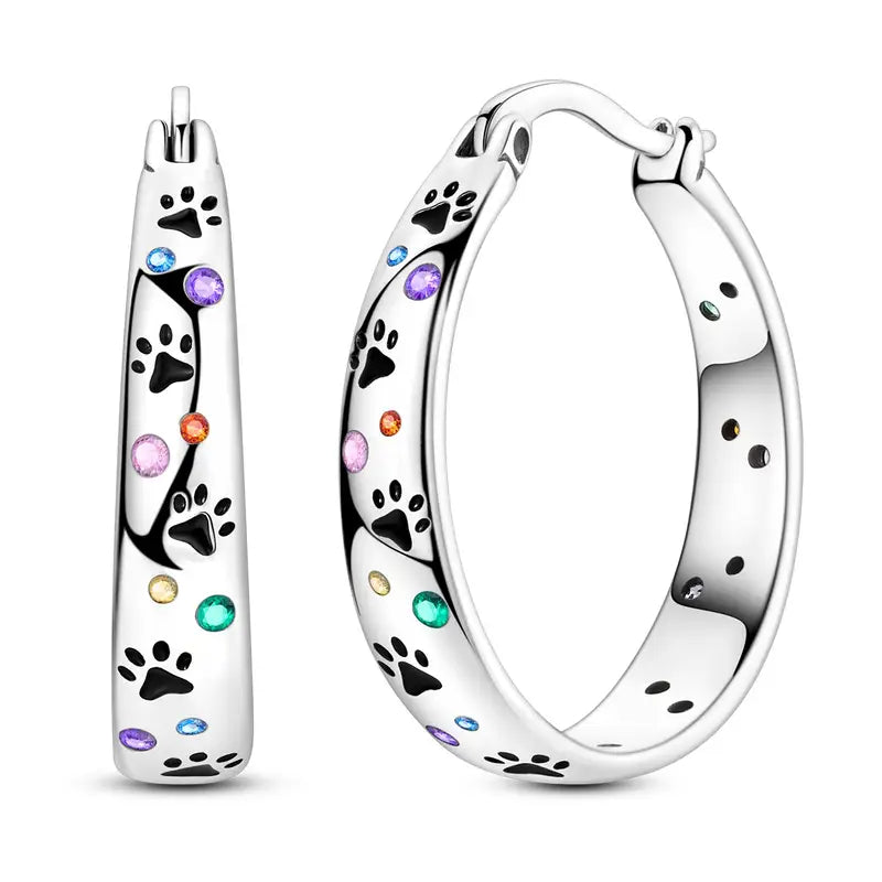 Sterling Silver Pawprints Cubic Zirconia Hoop Earrings