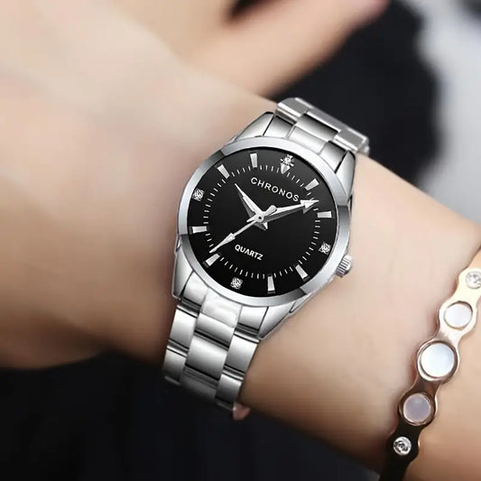 Chronos Ladies Stainless Steel Quartz Black Dial Luminous Wrist Watch