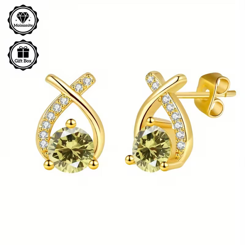 Yellow Gold Plated Sterling Silver 0.5ct Olive Green Moissanite Bow Stud Earrings