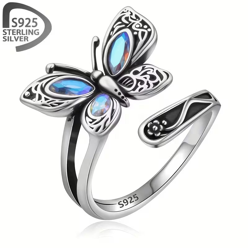 Sterling Silver Butterfly Moonstone Ring Adjustable N-T